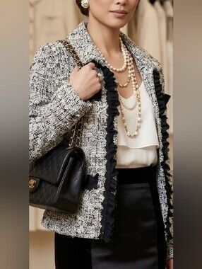 DStudio Wool Blend Black & White Tweed Blazer with Ruffle Trim 6/Small